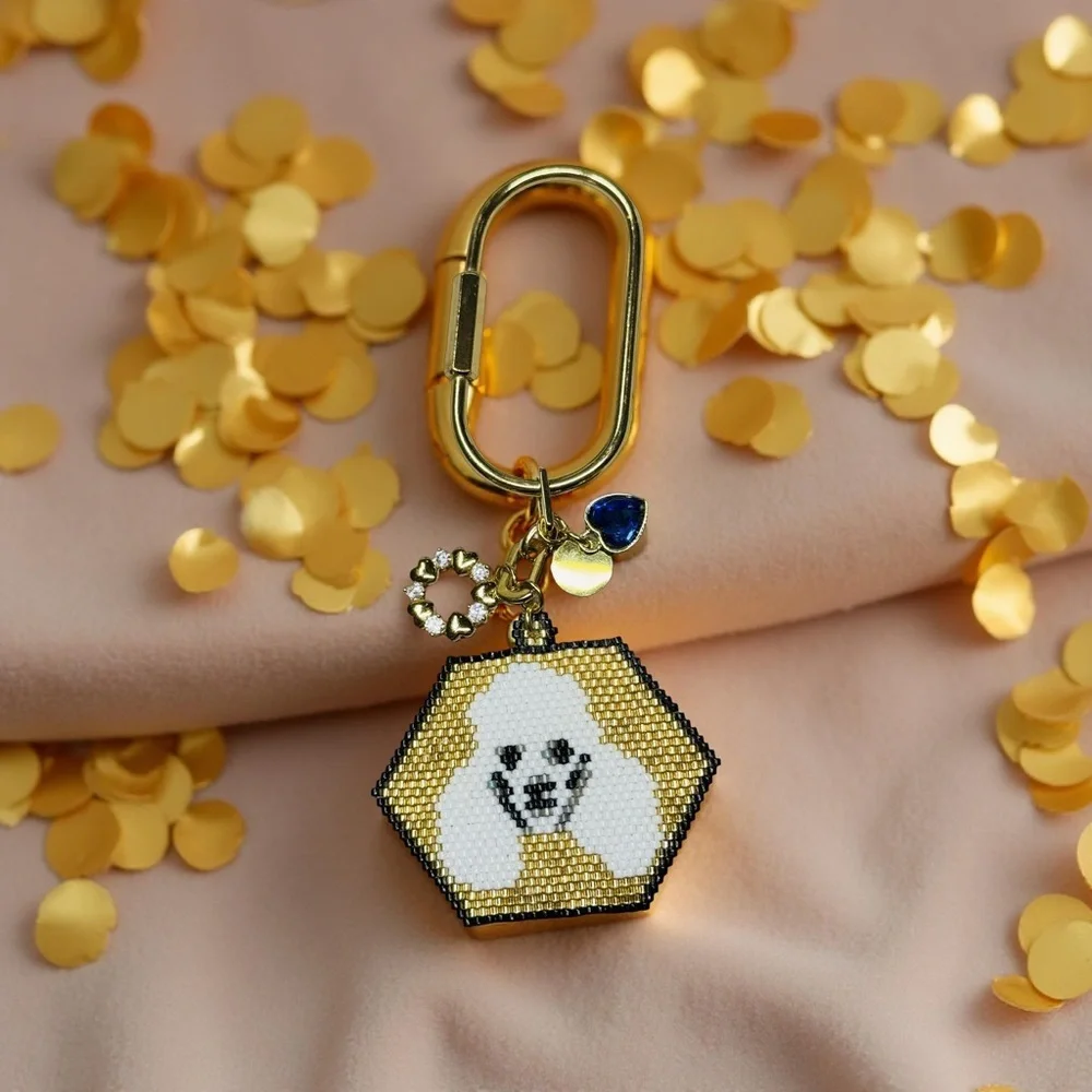 Hand Crafted Beaded White Poodle Face Gold Color Keychain with Charms